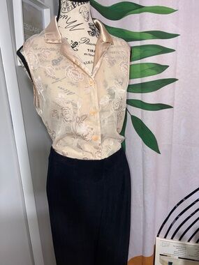 Vintage Oscar De La Renta Sleeveless Blouse Floral Satin Button-Up Top